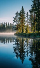 Fototapeta premium Misty lake reflecting forest at dawn