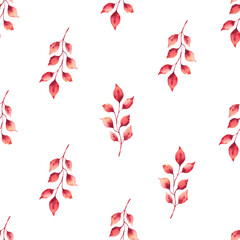 Watercolor autumn branches with red leaves. Seamless pattern.