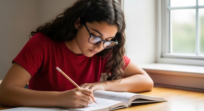 Focused hispanic female teen studying by window with notebook and pencil - Powered by Adobe