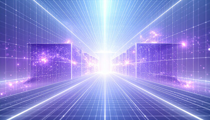 Futuristic mesh grid corridor with glowing purple energy particles, abstract digital space, innovation, and technology concept, vibrant and dynamic atmosphere
