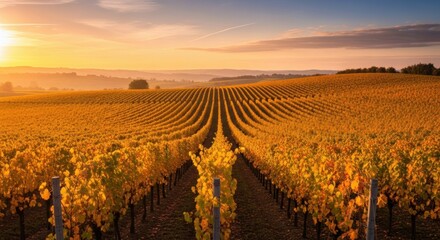 Naklejka premium Radiant Autumn Vineyard: Golden Rows Under a Warm Sunset Sky, Serene Landscape