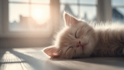 A sleeping kitten basking in sunlight.