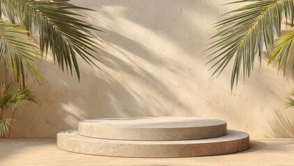 Obraz premium Beige circular podium with tropical foliage