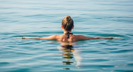 Young caucasian female relaxing in serene blue ocean waters at sunrise