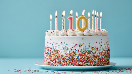 Birthday cake with colorful sprinkles and ten lit candles on top, festive dessert decoration for celebration party, holiday event, anniversary, or kids birthday celebration backdrop.
