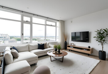 Modern Mid Century White And Black Living Room Interior At Waterfront