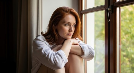 Pensive young caucasian woman with red hair gazing out a window in thoughtful reflection