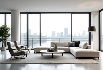 Fototapeta premium Modern Mid Century White And Black Living Room Interior At Waterfront