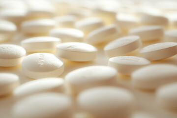 A close-up, low-angle shot of numerous pills scattered on a flat surface, with a shallow depth of field creating a soft, blurry background.
