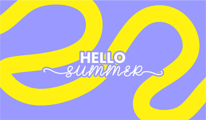 Vibrant hello summer greeting with cheerful yellow and purple abstract background design
