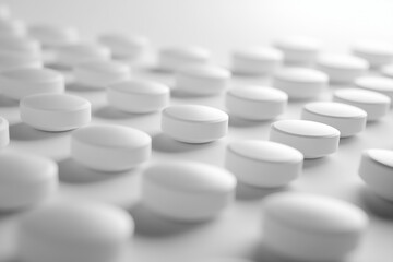 A close-up, low-angle shot of numerous pills scattered on a flat surface, with a shallow depth of field creating a soft, blurry background.
