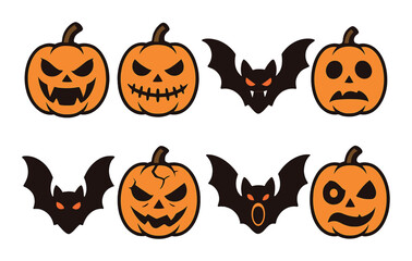 Halloween jack-o'-lanterns and bats design with spooky expressions