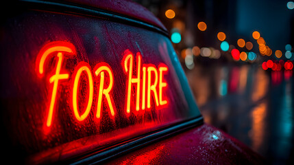 Neon 'For Hire' sign in a car window at night