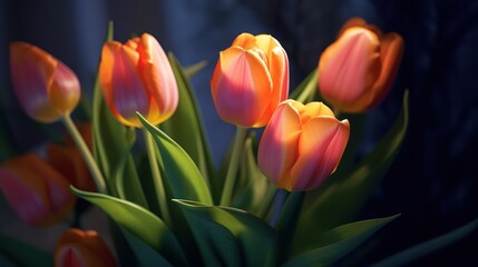 Fototapeta premium closeup of vibrant orange tulips with soft lighting,detailed petals,rich colors,dark background,sharp focus,professional studio lighting,cinematic mood,high-quality photograph 