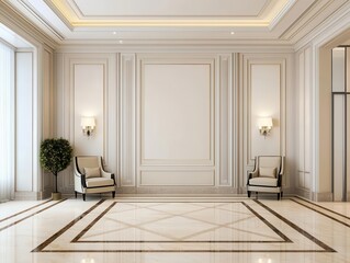 Refined interior with woodpaneled walls, crystal lighting, and luxury rugs