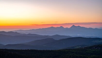 Serene sunrise over a vast, layered mountain range, soft pastel hues paint the sky