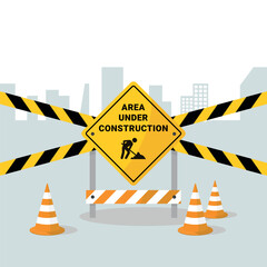 Under construction vector sign symbol. Construction badge logotype warning sign with black and yellow striped hazard border for safety and maintenance work area caution.