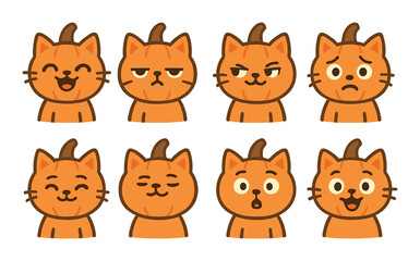 Cute orange cat emoticons displaying eight different facial expressions