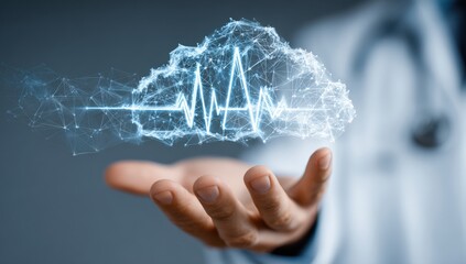 Doctor's hand holding a digital heart rate cloud