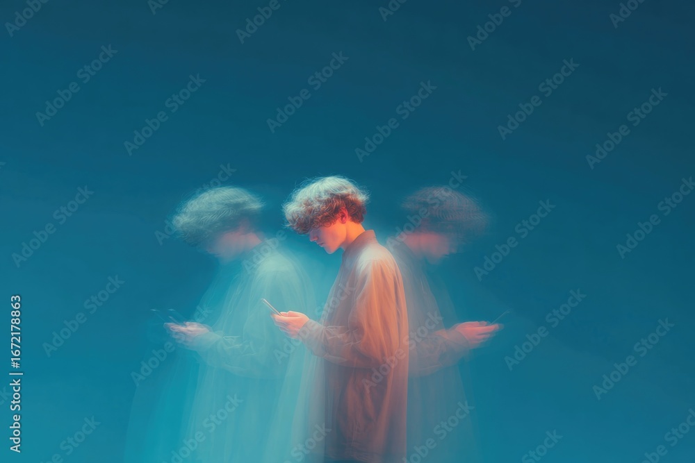 Poster blurred figure interacts with smartphone, creating sense of moti