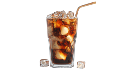 A tall glass of cola with ice cubes and a straw