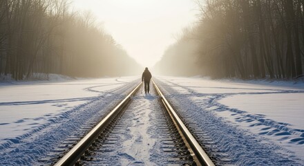 Fototapeta premium Solitary figure walking on snow-covered railway tracks in winter landscape