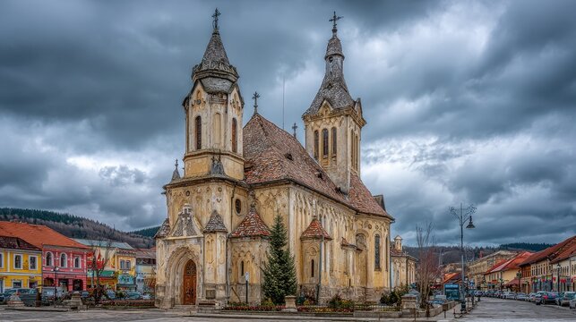 Bistrita Romania. Gothic Architecture of Coroana Orthodox Church under Cloudy Sky