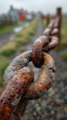 Weathered chain links rusting along a misty path in a remote area