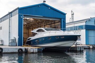Boat In Garage. Luxury Motorboat with Power Engine and Metal Propeller in Maintenance Hangar