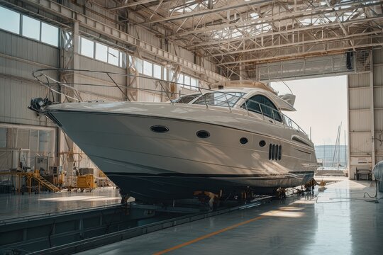 Boat In Garage. Luxury Cabin Motorboat Cruiser Yacht Engine Maintenance with Propeller Detail