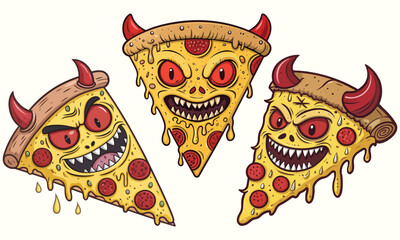Scary Pizza Cartoon And Creepy Horror Monster Pizza Slices