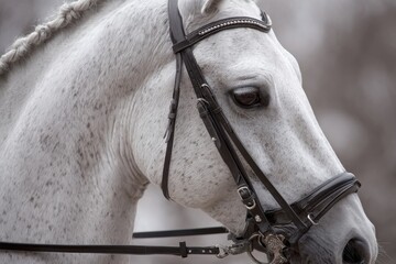 Bridle Bit. Close-Up of White Horse with Bit in Mouth for Dressage
