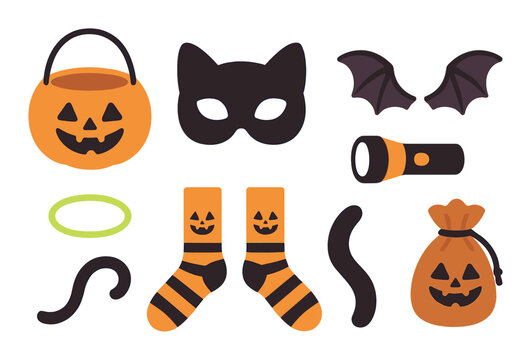 Halloween costume accessories with cat mask, pumpkin bag, and striped socks
