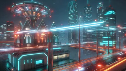 futuristic cyberpunk inspired looping animation depicting a glowing digital hologram cityscape glitch effects immersive cyber world vibe 3d rendering high quality 4k designed for intros motion - Powered by Adobe
