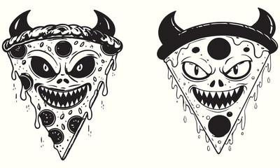 Scary Pizza Cartoon And Creepy Horror Monster Pizza Slices