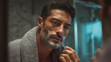 Man shaving in bathroom mirror morning routine grooming skincare, 4k video footage - Powered by Adobe