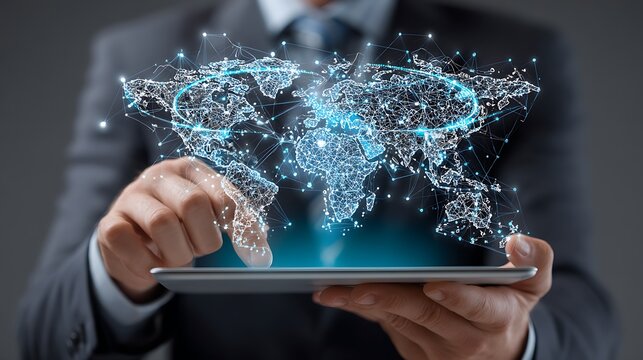 A businessman using a tablet to navigate global networks, displaying data connections and advanced technological interfaces.