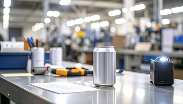 Aluminum Can on Workbench in Factory Setting