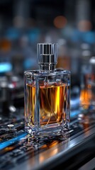 Elegant glass perfume bottle filled with amber liquid displayed on a modern production line in a fragrance factory