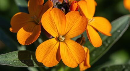 Vibrant orange wallflower blooming in sunlight with dewy green leaves