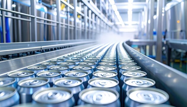 Aluminum Cans on Conveyor Belt in Factory