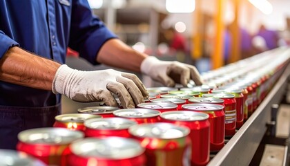 Aluminum Cans on Conveyor Belt with Factory Worker