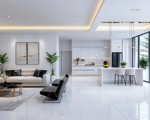 Open livingdining space with harmonious tones and luxury furnishings