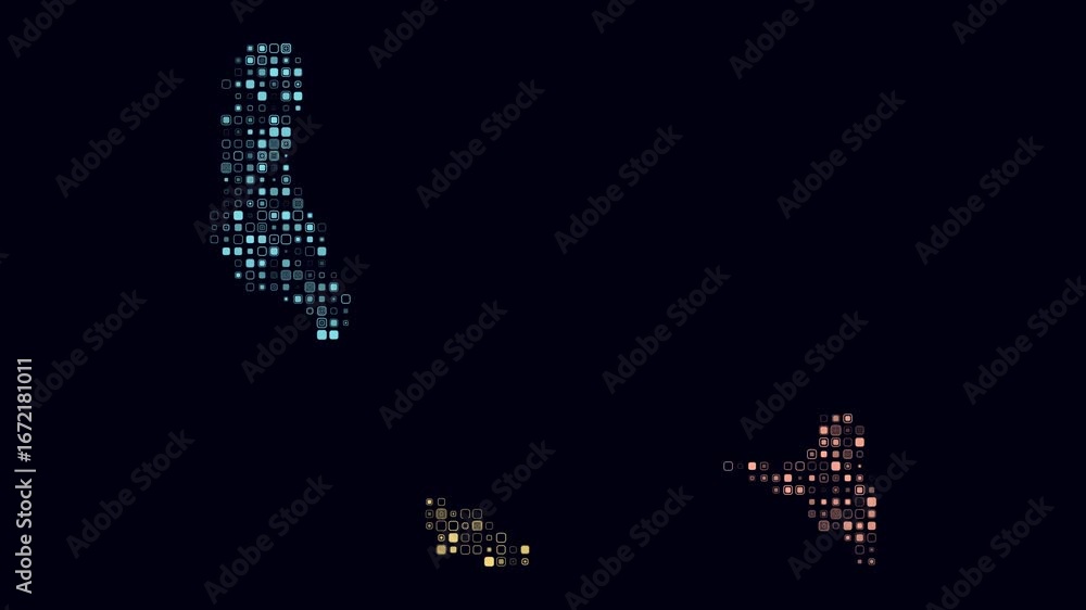 Poster comoros map animation. shape of the country with pulsating colored dots. small size rounded square b