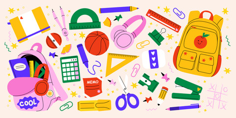 School supplies. Back to school stickers, cartoon stationery notebook, school backpack, eraser, stapler, sharpener, cute educational equipment for study, university. Vector set