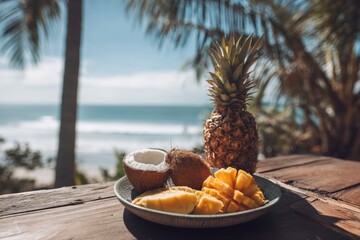 Tropical fruit platter on a wooden table overlooking the ocean