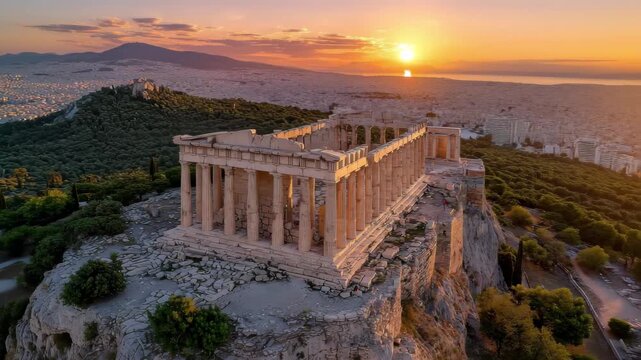 Athens sunset Temple of Hephaestus ancient Greek architecture Acropolis panoramic view, 4k video footage