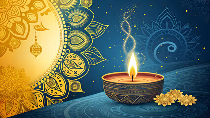 Diwali festival of lights with ornate diya and decorative motifs