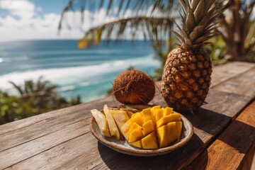 Tropical fruit platter on a wooden deck overlooking the ocean