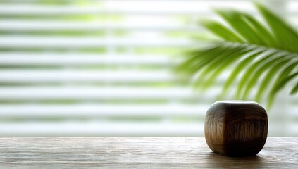 Wooden cube on a light wooden surface with blurred window blinds and tropical leaf.
